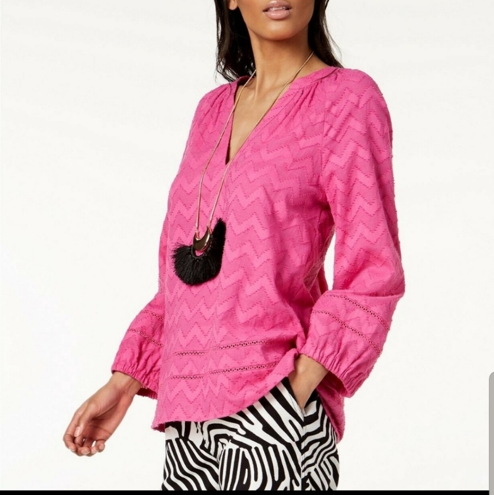 Trina Turk Hot Pink Chevron Lace V-Neck Peasant Top